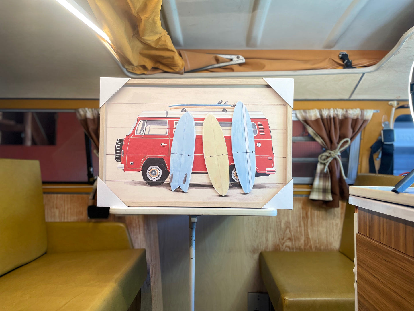 Red VW Bus Wooden Beach Painting