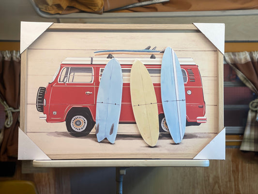 Red VW Bus Wooden Beach Painting