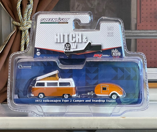 Greenlight Collectibles Hitch & Tow Limited Edition 1972 Volkswagen Type 2 Camper and Teardrop Trailer